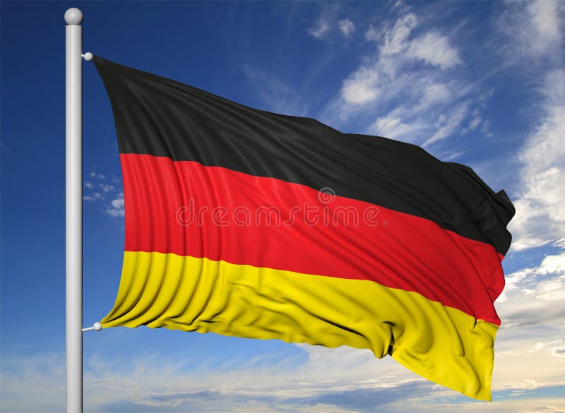 German Flag Waving On Silver Flagpole. White Background, Close Up