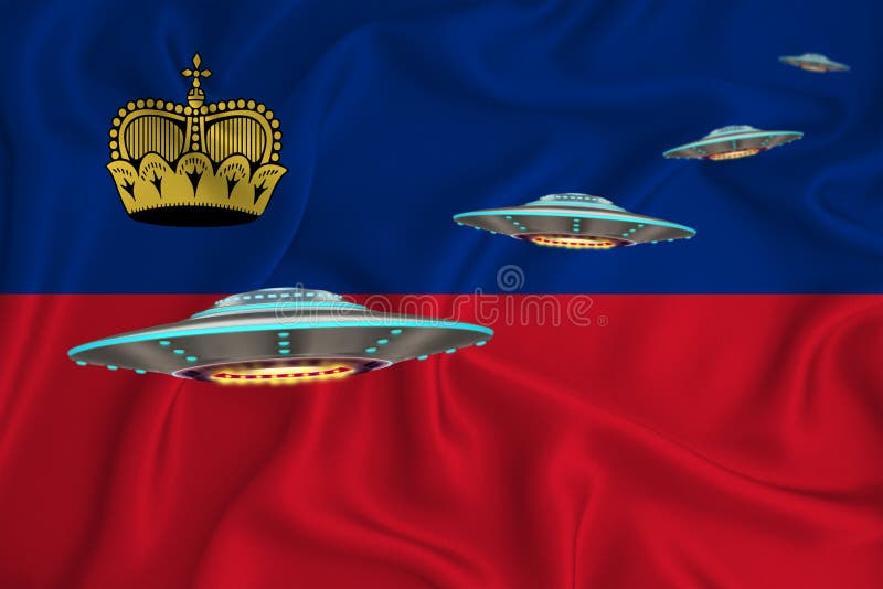 Waving flag of Liechtenstein. UFO group on the background of the flag. UFO news concept in the country. 3D rendering.