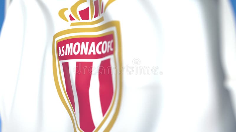 Close-up da bandeira ondulada com o logotipo do clube de futebol AS Monaco  FC — Fotografia de Stock Editorial © alexeynovikov #139637376