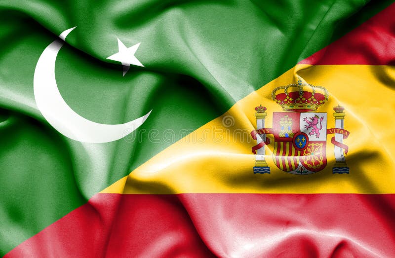 Pakistan And Spain Two Flags Textile Cloth, Fabric Texture Stock