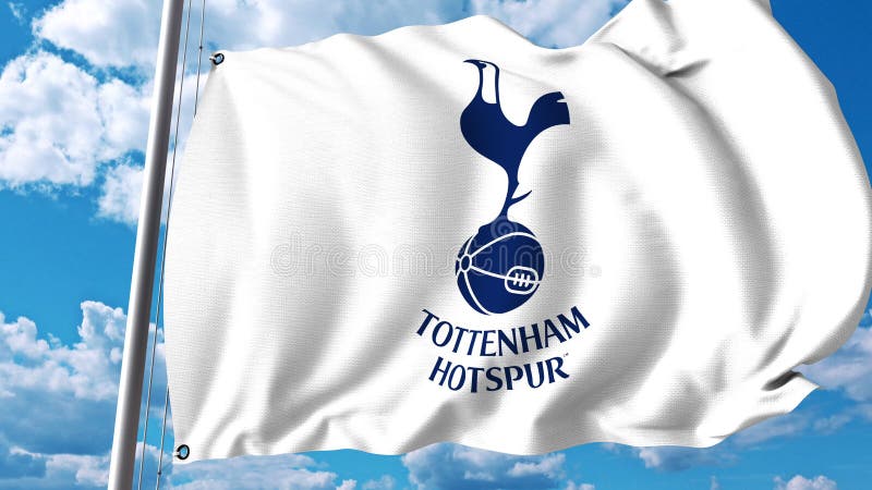 Waving flag with Tottenham Hotspur football team logo. Editorial 3D rendering vector illustration