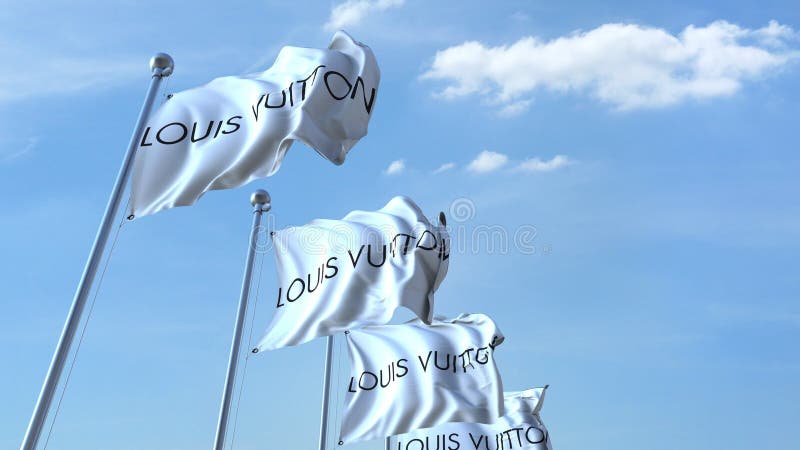 Waving Flags With Louis Vuitton Logo Against Sky, Editorial 3D