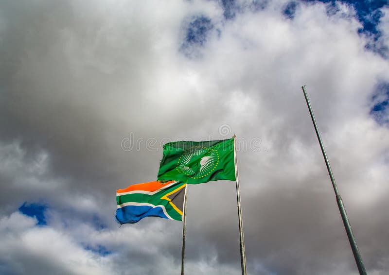 Waving Flags of South Africa and the African Union Stock Photo Image