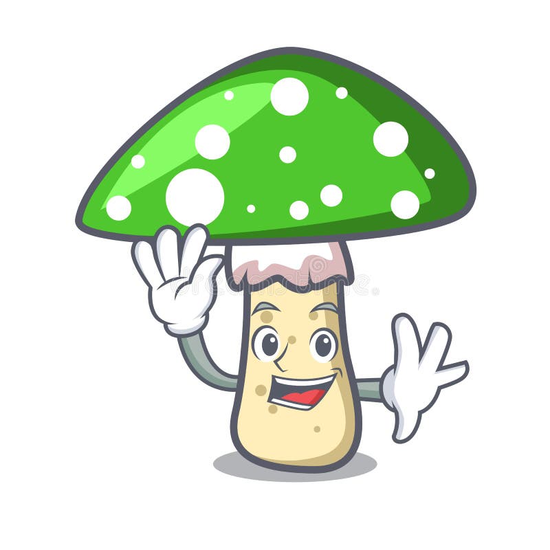 Waving green amanita mushroom character cartoon stock illustration