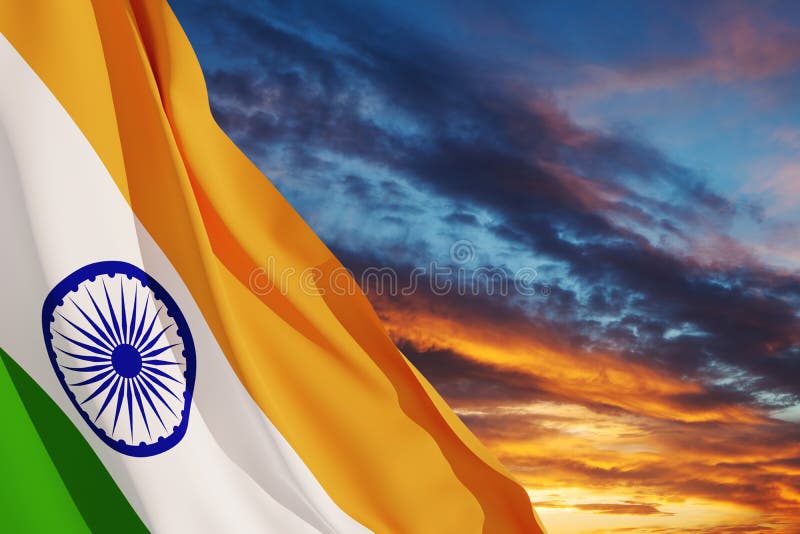 Waving India Flag on Sunset Sky. Background with Place for Your Text.  3d-rendering. Stock Image - Image of indian, freedom: 253496725