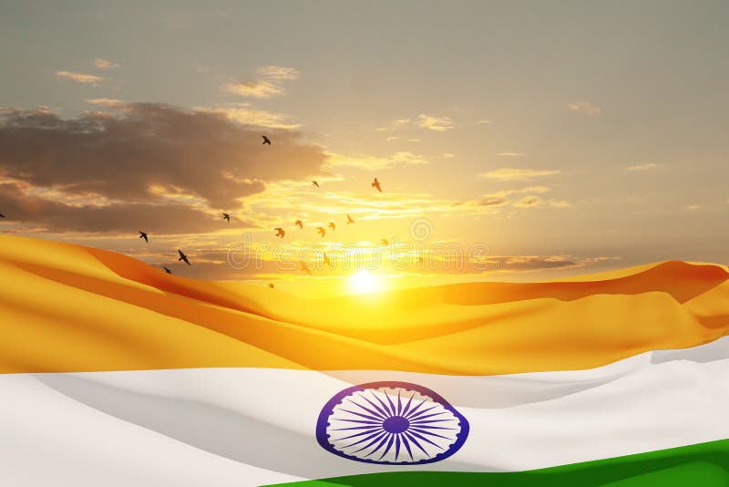 Waving India Flag on Sunset Sky with Flying Birds. Background with Place  for Your Text. 3d-rendering. Stock Image - Image of tricolour, celebration:  252831795
