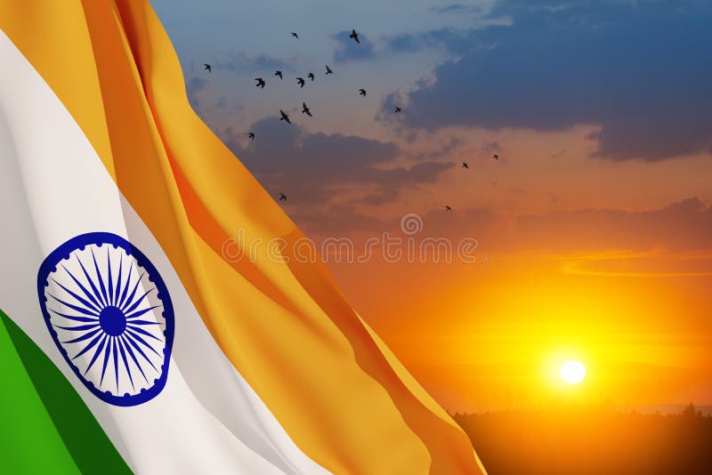 Waving India Flag on Sunset Sky with Flying Birds. Background with Place  for Your Text. 3d-rendering. Stock Photo - Image of wave, republic:  253684168