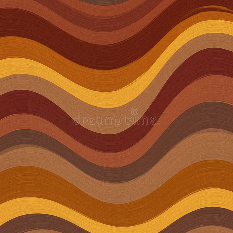 Wavy abstract pattern featuring earth tones in shades of brown, rust, and ochre. The design comprises undulating horizontal lines with a textured, brushstroke appearance, creating a sense of movement. The warm color palette evokes a natural, harmonious feel, reminiscent of landscapes or wood grain. The repeating pattern adds depth and visual interest, making it suitable for artistic or decorative purposes. Rust shades illustrations
