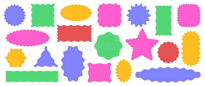 Wavy circular, rectangular, star, oval, triangle shape elements set, squiggly borders, scalloped wavy frames royalty free illustration