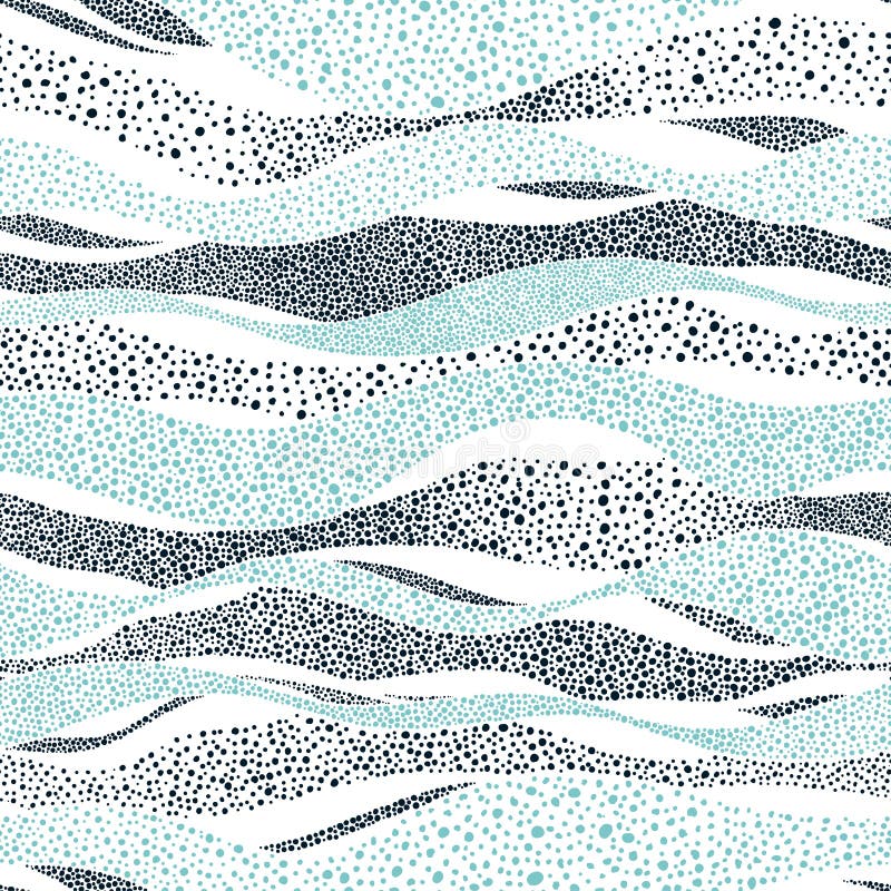 Wavy seamless pattern in polka dot style. Cute summer sea background. White and blue print for textiles.