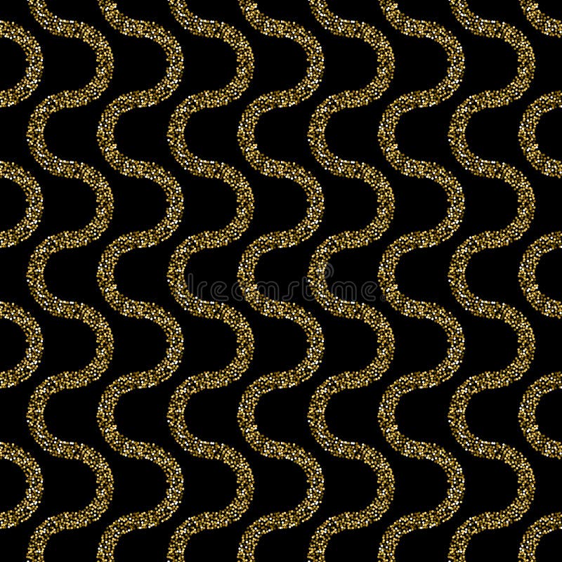 Wavy vector seamless pattern, geometric abstract background of black and gold color. Modern simple wave line ornament.