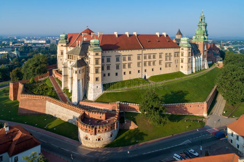 Wawel Castle and Cathedral in Krakow, Poland. Aerial view at sun