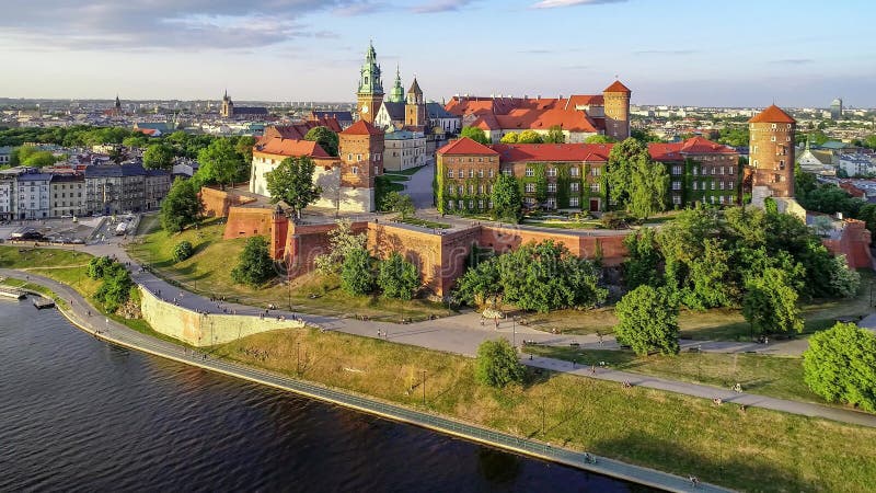 Wawel Castle, Cathedral and Vistula River, Krakow, Poland in spring. Aerial video
