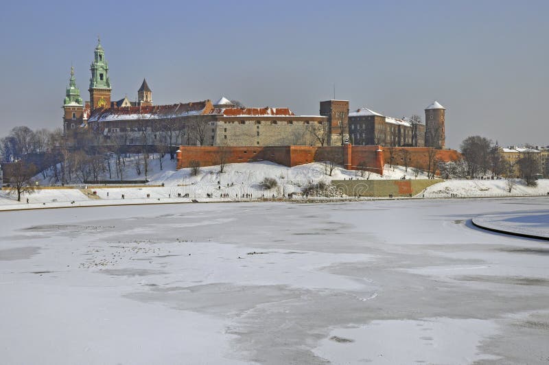 Wawel Castle in Krakow and frozen Vistula river