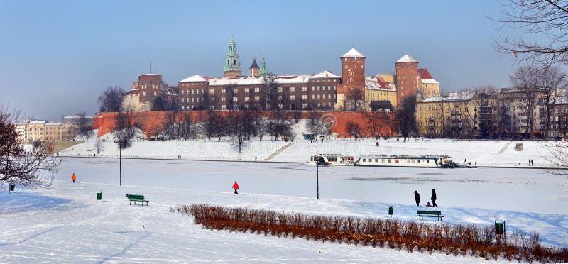 Wawel Castle in Krakow and frozen Vistula river