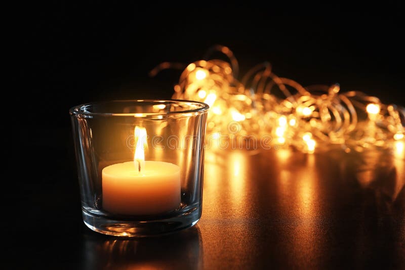 Wax Candle Burning on Table in Darkness Stock Photo Image of