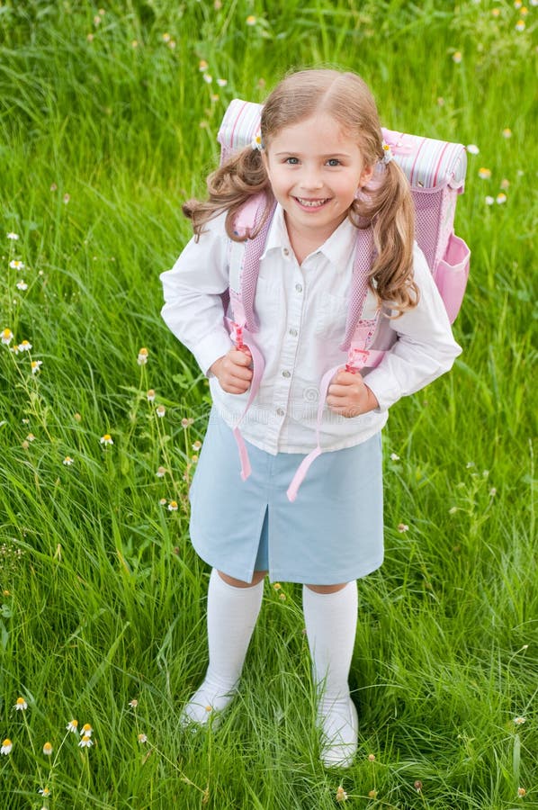 Cute Schoolgirl in Uniform at Playground Stock Image - Image of ...