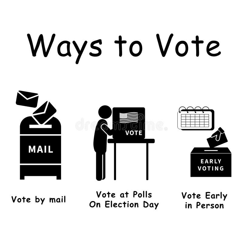 Three Ways to Vote, Pictogram depicting 3 ways voters can vote for election voting. By mail, in person at polls, early voting Blac