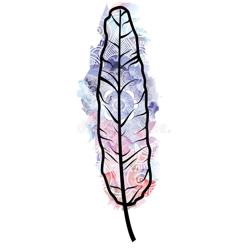 WAztec style feathers symbolizing native American culture o colorful watercolors background with mandala lace tattoo style vector illustration WAztec style feathers symbolizing native American culture o colorful watercolors background with mandala lace tattoo style vector illustration
