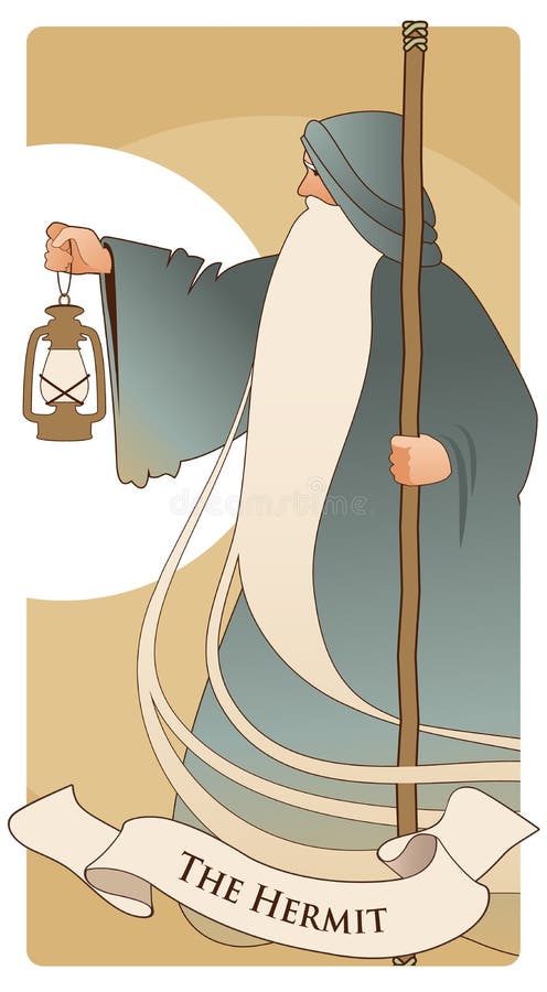 Ważne Arcana Tarot karty Eremita Stary człowiek z długą brodą, będący ubranym długiego kapturzastego kontusz, opiera na personelu ilustracja wektor Ważne Arcana Tarot karty Eremita Stary człowiek z długą brodą, będący ubranym długiego kapturzastego kontusz, opiera na personelu ilustracja wektor