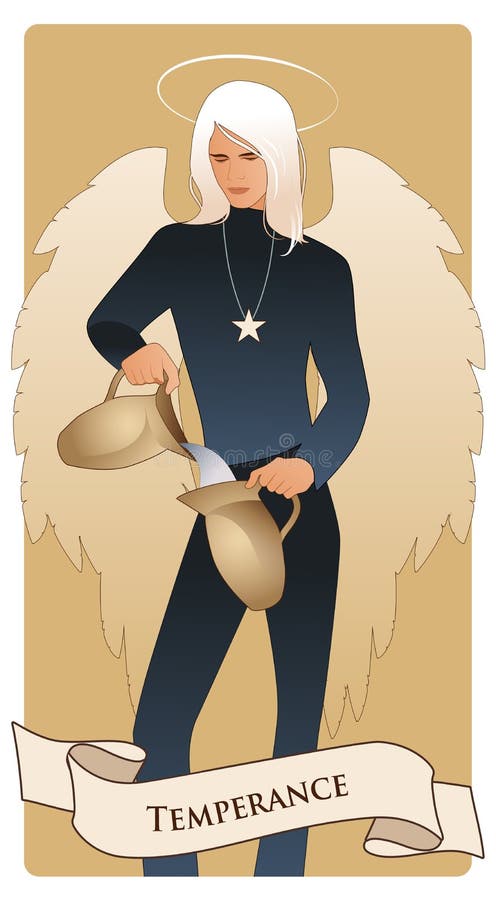 Ważne Arcana Tarot karty temperance Anioł z pojawieniem i ubraniami młody człowiek, wielcy skrzydła, włosiany jarmark, nalewa wod ilustracji Ważne Arcana Tarot karty temperance Anioł z pojawieniem i ubraniami młody człowiek, wielcy skrzydła, włosiany jarmark, nalewa wod ilustracji