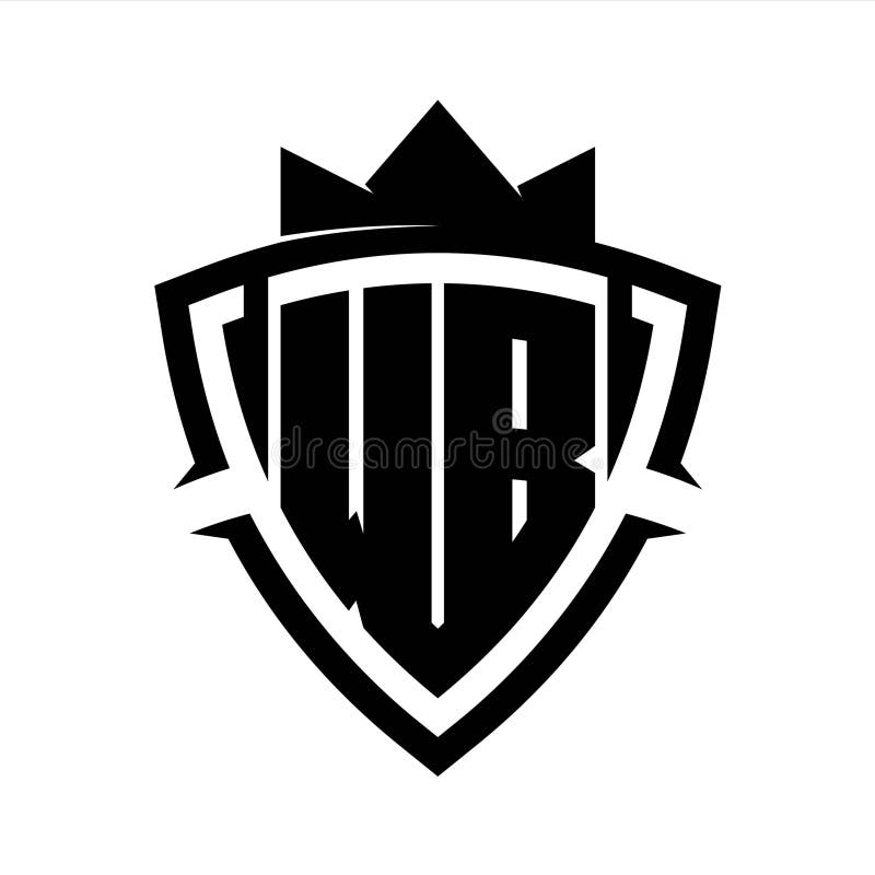 WB Letter bold monogram triangle curve shield shape with crown black and white background color design vector illustration