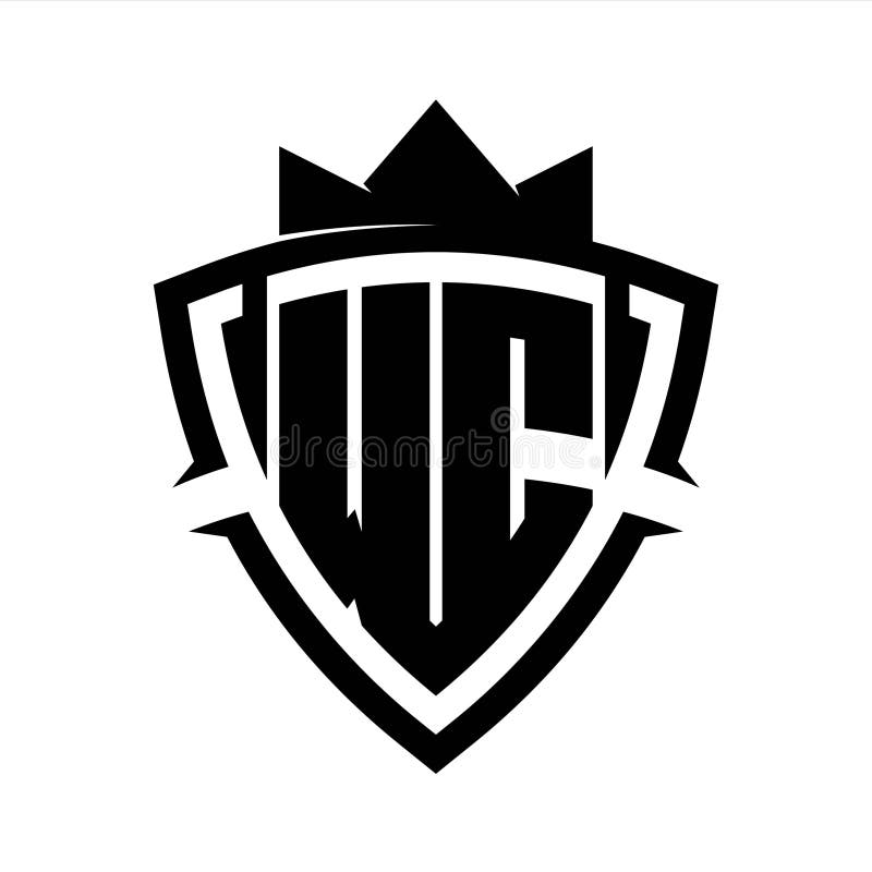 WC Letter bold monogram triangle curve shield shape with crown black and white background color design royalty free illustration