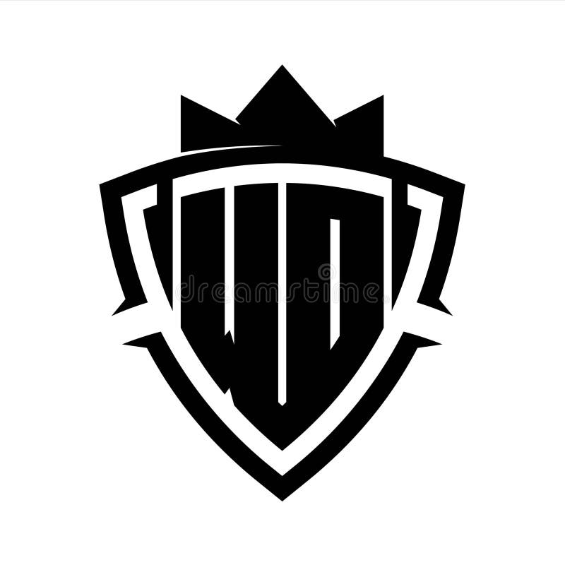 WD Letter bold monogram triangle curve shield shape with crown black and white background color design stock illustration