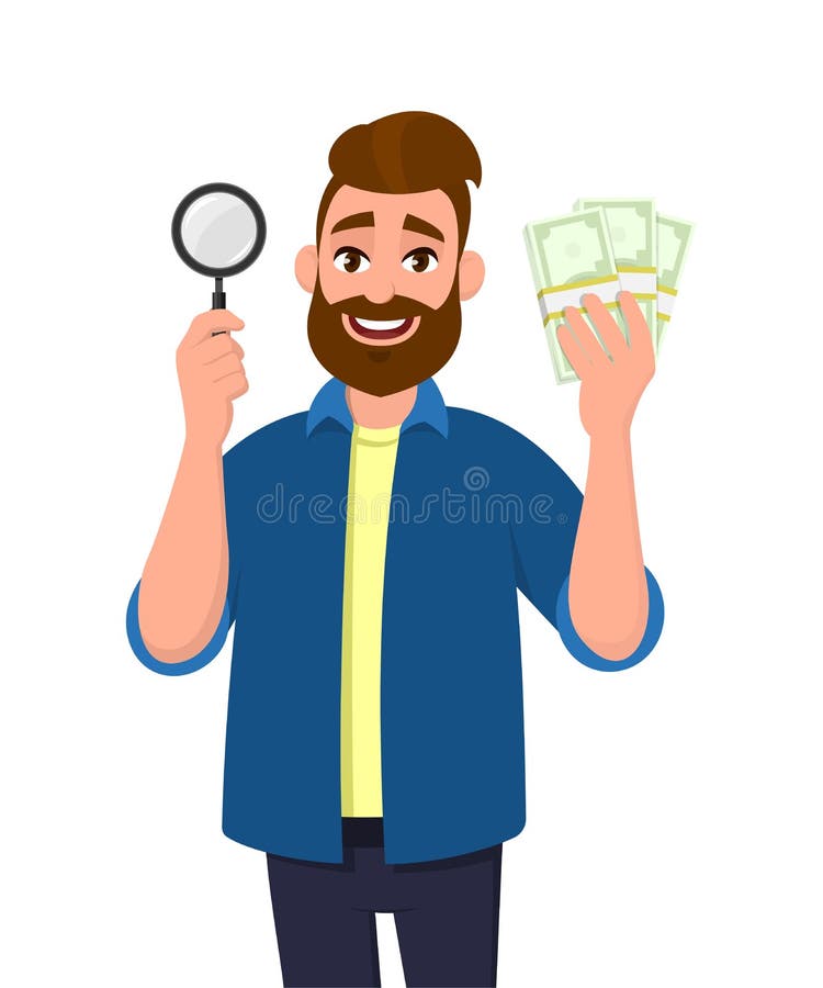 Wealthy bearded young man holding magnifying glass and cash, money, currency notes in hand. Search, find, discovery, analyze. royalty free illustration Wealthy bearded young man holding magnifying glass and cash, money, currency notes in hand. Search, find, discovery, analyze. royalty free illustration