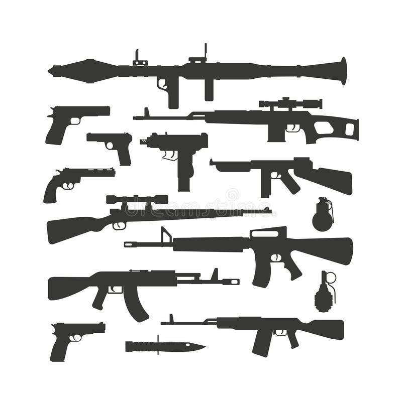Weapon collection different military automatic gun shot machines silhouette police bullet vector. royalty free illustration
