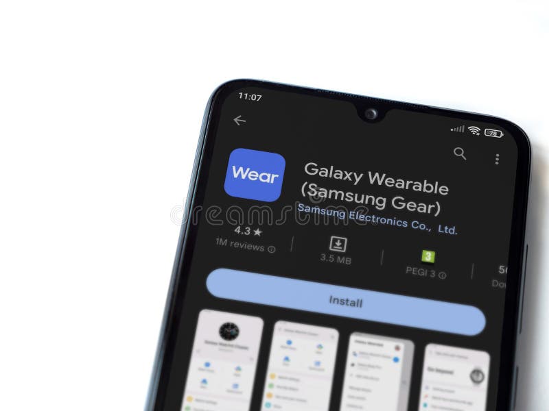 Wear Galaxy Wearable App Play Store Page on Smartphone on White
