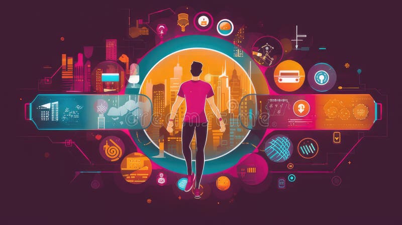 Wearable devices connected to a central hub, displaying real-time health data and interactions, illustrating the role of IoT in stock image