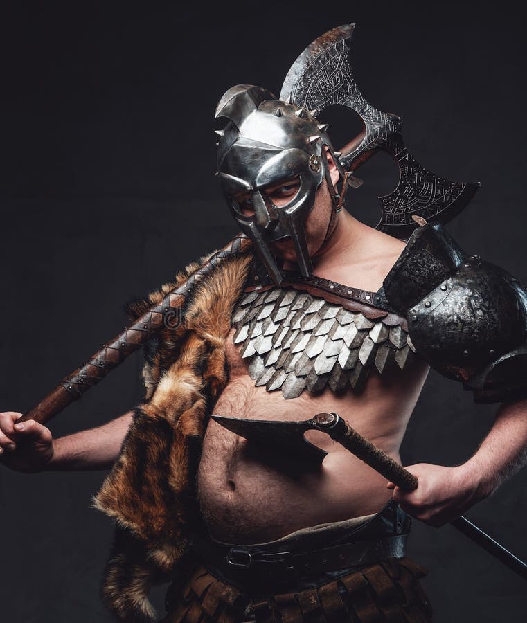 Weared in Armor Gladiator with Belly and Axes Stock Image - Image of ...