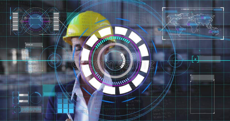 Wearing yellow helmet, engineer interacting with animation data overlay in workplace stock video footage