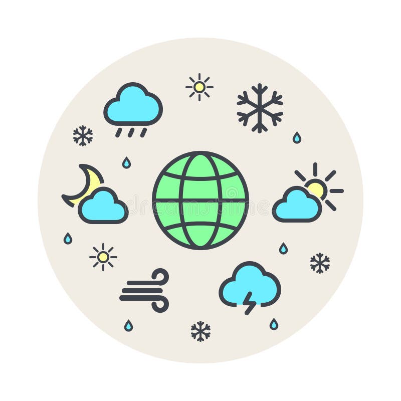 Weather and climate planet world line icon vector circle set. Gray background. A circle of icons. Vector illuctration on circle background.