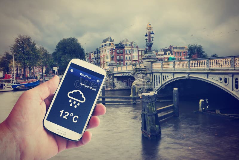 Weather forecast. It`s raining. Canal old bridge cloudy cityscape. Amsterdam, Netherlands royalty free stock image Weather forecast. It`s raining. Canal old bridge cloudy cityscape. Amsterdam, Netherlands royalty free stock image