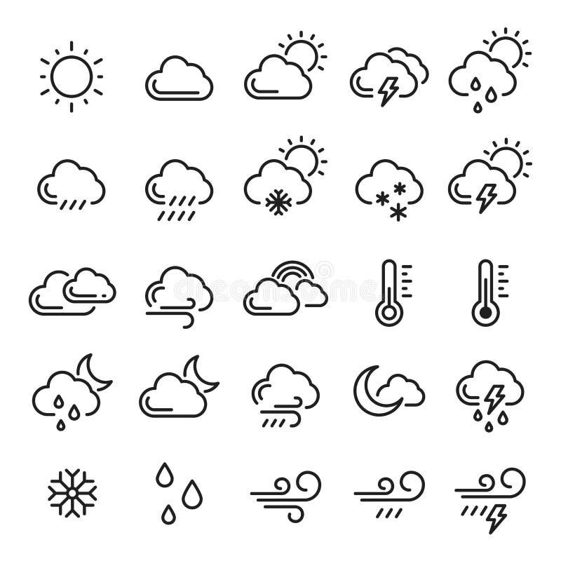 Weather icon set, meteorology and climate symbol. Forecast image. Vector line art illustration isolated on white background