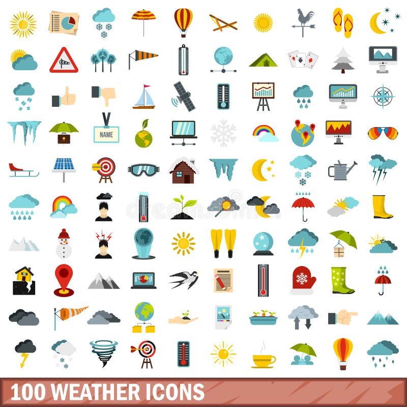 100 Weather Icons Set, Flat Style Stock Vector Illustration of nature, network 94544038
