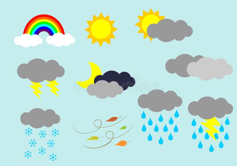 Weather Icons Set. Flat Vector Symbols on Light Blue Background Stock