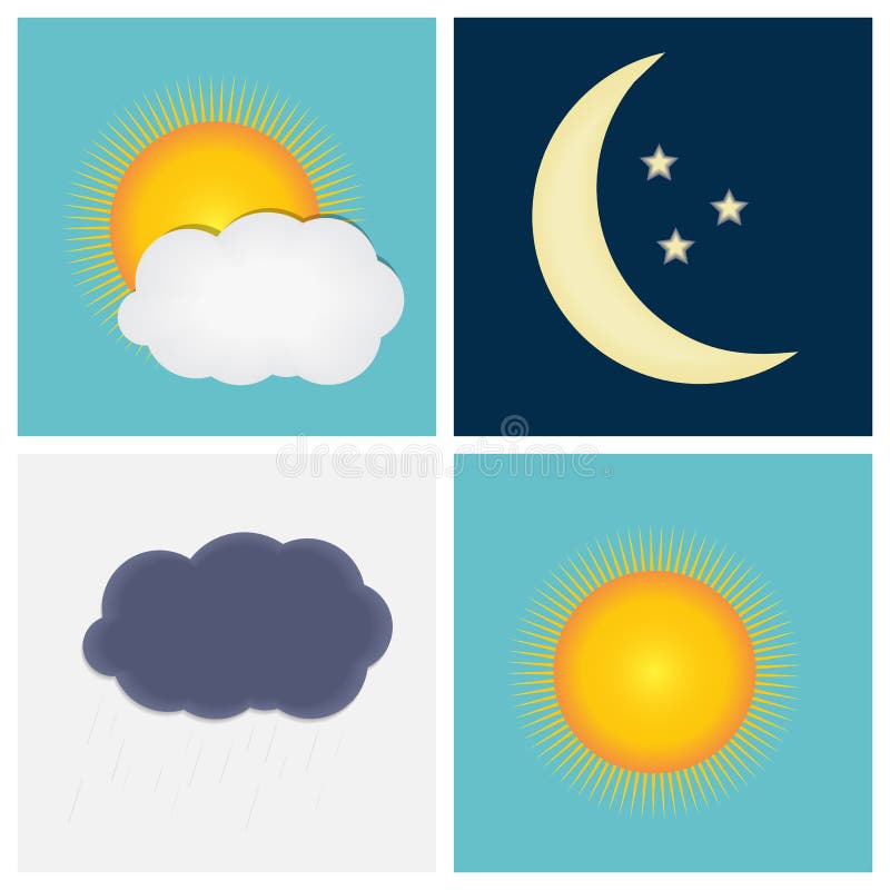 Weather Icons with Sun, Cloud, Rain and Moon Vector Illustration Stock ...