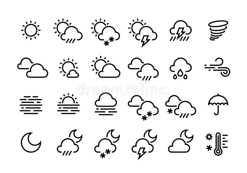 Weather Line Icons. Sun Clouds Rain Snow Wind Fog Infographic and ...