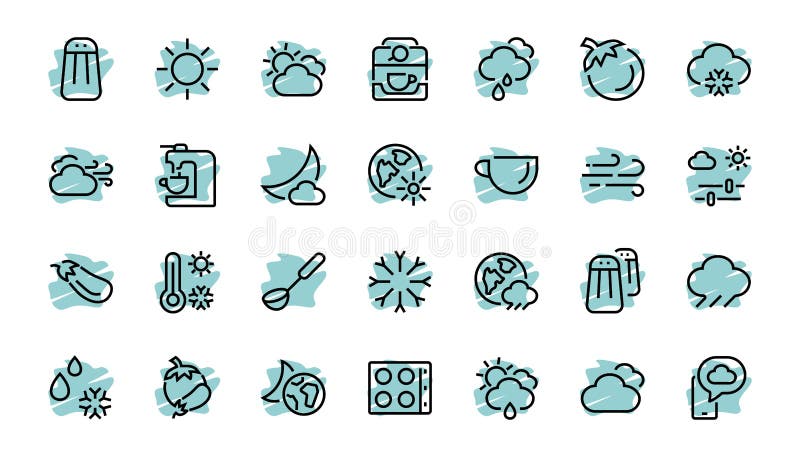 WEATHER set of icons, icons such as weather forecast and clouds, wind, rain, snow, weather settings and sunny weather and much more. Editable stroke, simple vector lines.