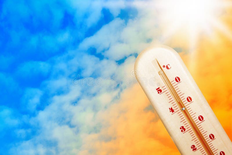 The thermometer outside the window shows a very hot air temperature, heated  by the rays Stock Photo by skaron2022