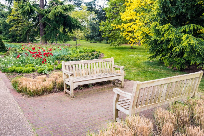 Weathered benches in park in spring