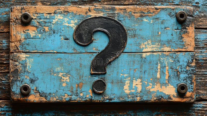 Rustic blue wooden board with a large black question mark displayed against a weathered background. Generative AI stock illustration