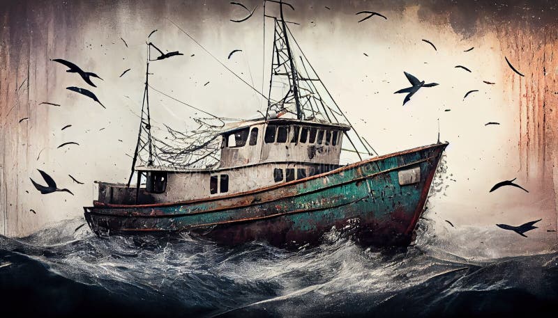 Weathered Fishing Boat, Navigating Rough Waters, Made with Generative 