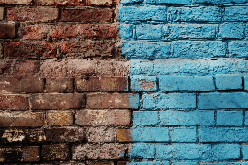 Weathered Half Painted In Blue Brick Wall.