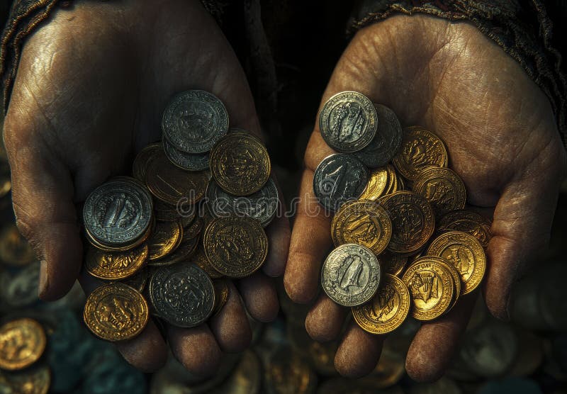 Weathered Hands Holding Ancient Gold and Silver Coins stock illustration