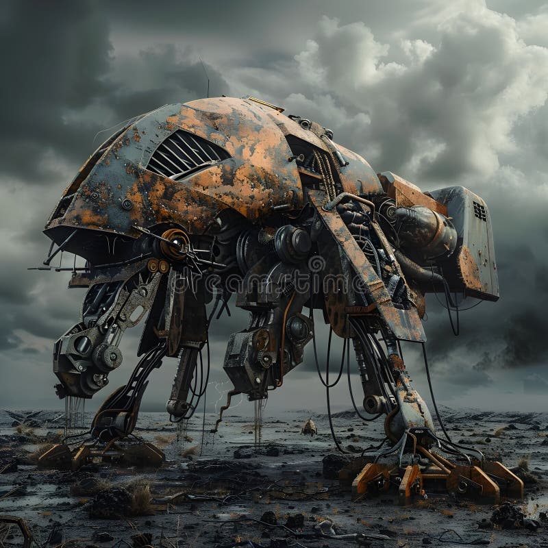 Weathered Mechanical Guardian Drone Patrolling Dystopian Post Apocalyptic Wasteland royalty free illustration