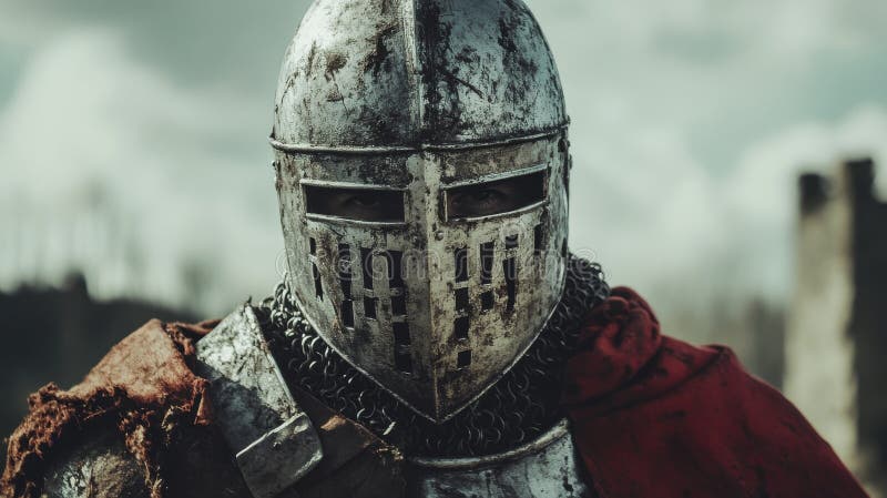 Weathered Silver Medieval Knight Helmet Close Up stock illustration